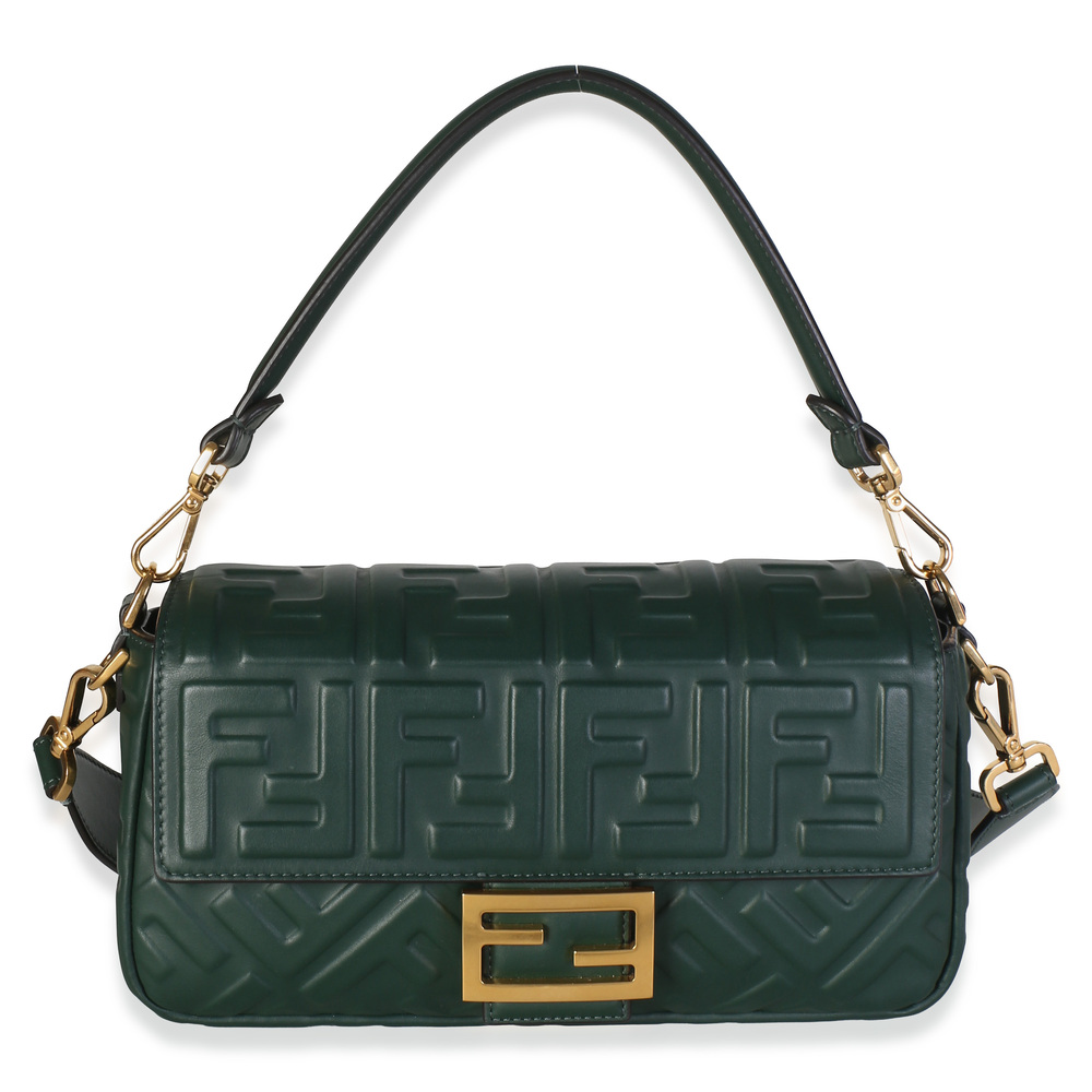 Fendi Dark Green Nappa FF 1974 Embossed Baguette Bag